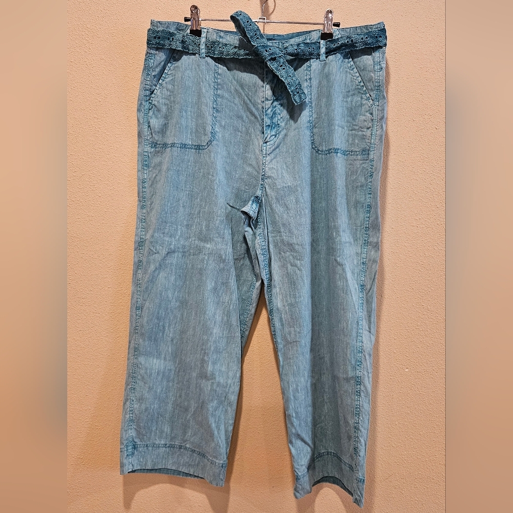 Soft Surroundungs Women's Teal Belted Chambray Wide Leg Pants, Size 12